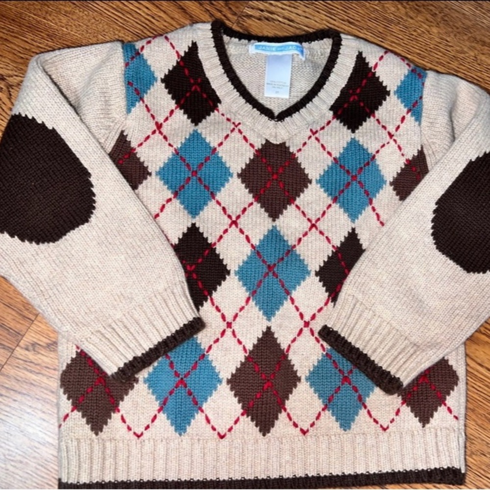 Janie and Jack V-Neck Argyle Sweater - Cream, Blue, Brown